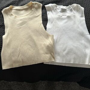 Cream and White Ribbed Knit Tank Tops